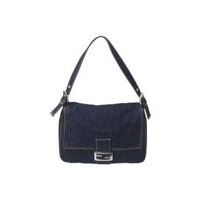FENDI Mamma Bucket One Shoulder Hobo Bag Navy Blue Denim Leather
